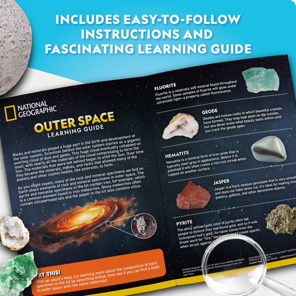 National Geographic outer space learning guide with rock samples and magnifying glass on a white background