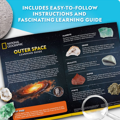 National Geographic outer space learning guide with rock samples and magnifying glass on a white background