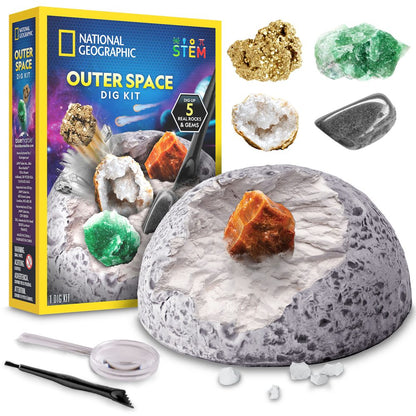 National Geographic Outer Space Dig Kit with excavation dome, rocks, and tools on a white background