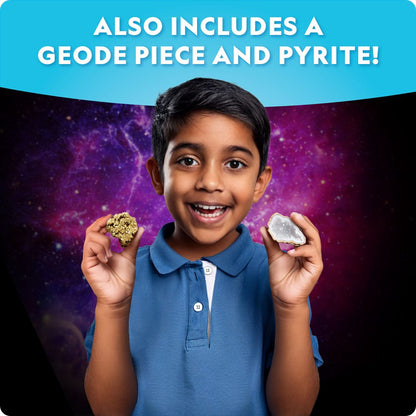 Child holding two geode pieces with a cosmic background and text about included items.