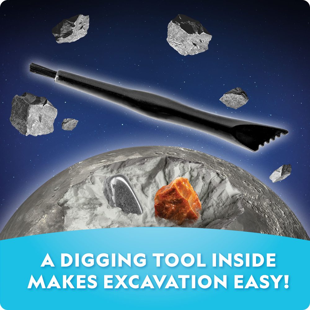 Space-themed graphic with a digging tool and asteroids on a blue background