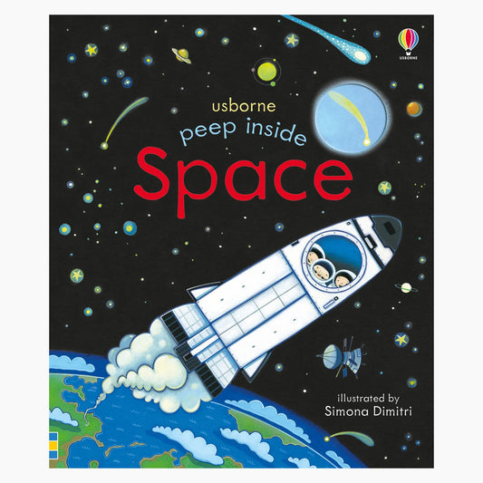 Book cover of 'Peep Inside Space' by Usborne with a space shuttle and Earth illustration.