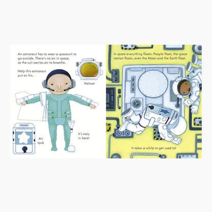 Illustration of an astronaut and space suit components with text on a white background