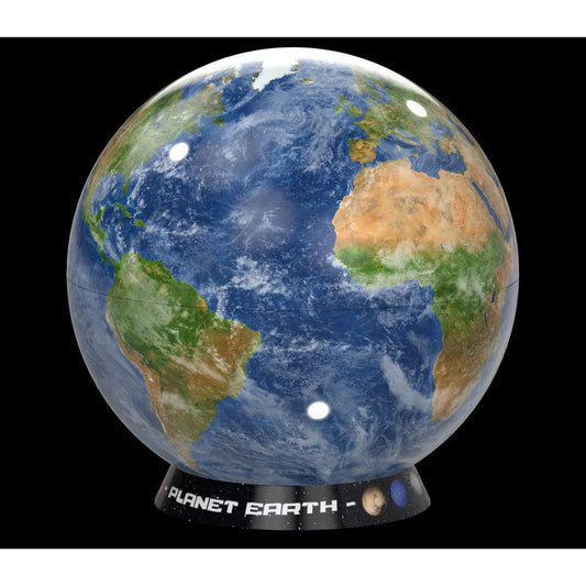 Globe model of Earth with 'Planet Earth' text on a black background