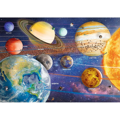Illustration of the solar system with planets labeled against a starry background