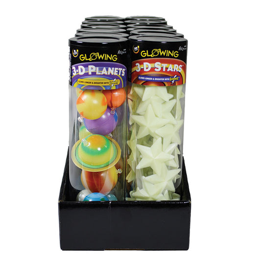 Two cylindrical packages of glowing 3D planets and stars in a display box.