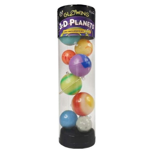 Tube of glowing 3D planets with colorful spheres inside on a white background
