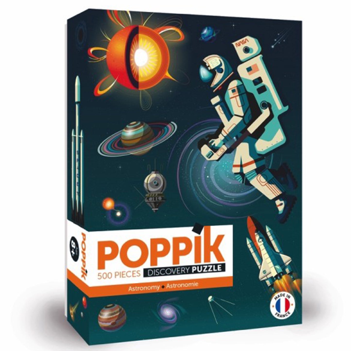 Poppik astronomy-themed puzzle box with an astronaut and space elements on a dark blue background.