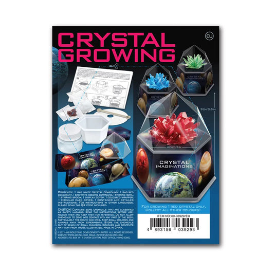 Crystal growing kit packaging with colorful crystals and text on a blue background