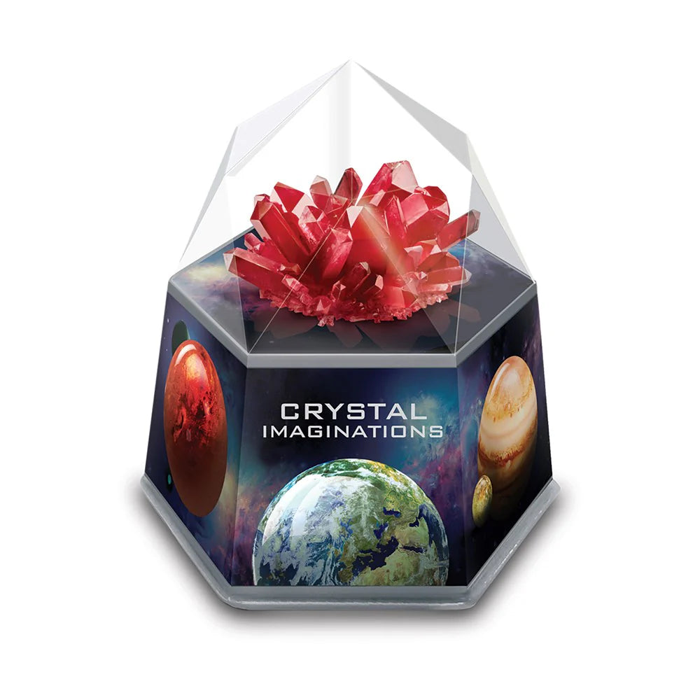 Hexagonal crystal display with red crystal and space-themed design, featuring 'Crystal Imaginations' branding.