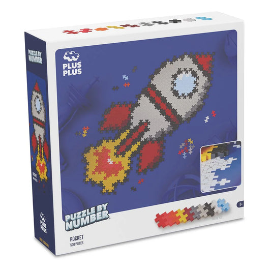 Box of Plus Plus puzzle by number with rocket design on a blue background