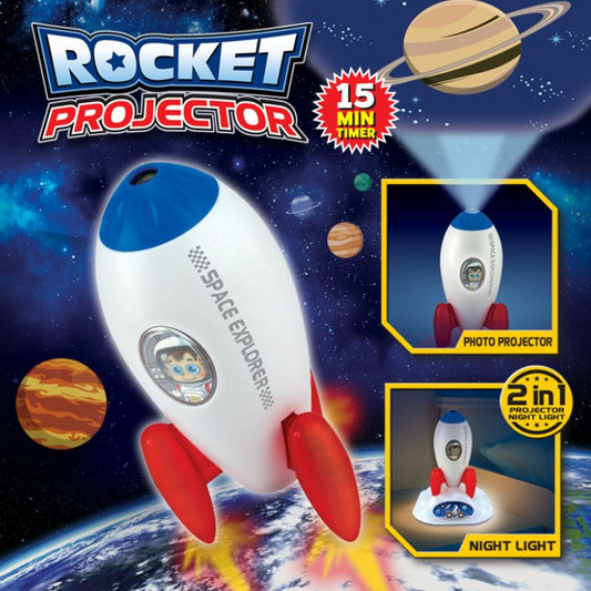 Rocket projector with space-themed design on a dark blue background