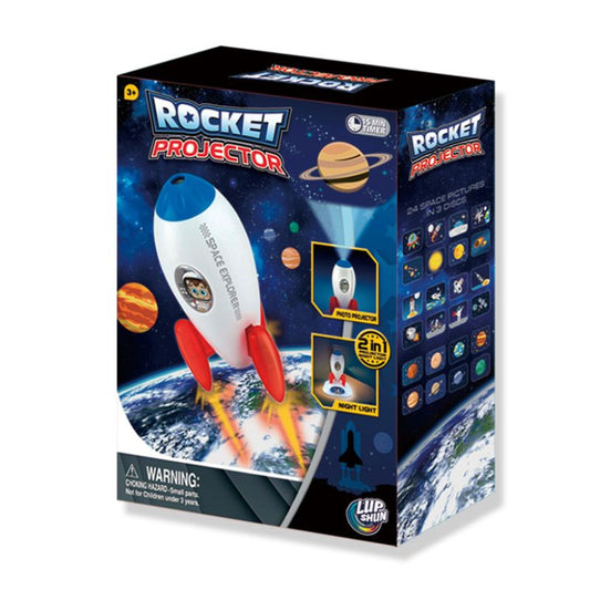 Box of a rocket projector with space-themed design