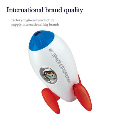 Toy rocket with a space explorer design on a white background