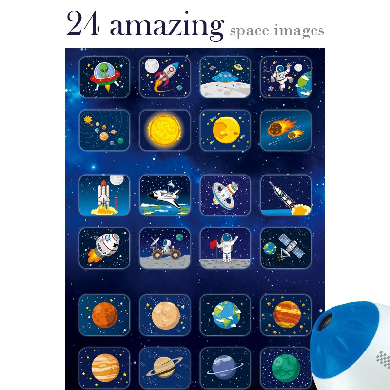 Collection of space-themed stickers with a blue border and '24 amazing space images' text.