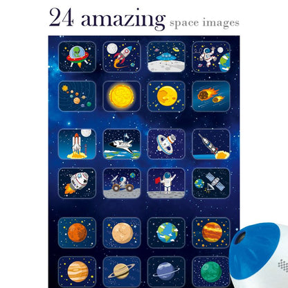 Collection of space-themed stickers with a blue border and '24 amazing space images' text.