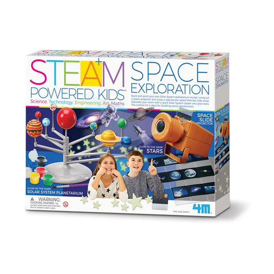 Box of STEAM Powered Kids Space Exploration kit with children and space-themed elements on a white background