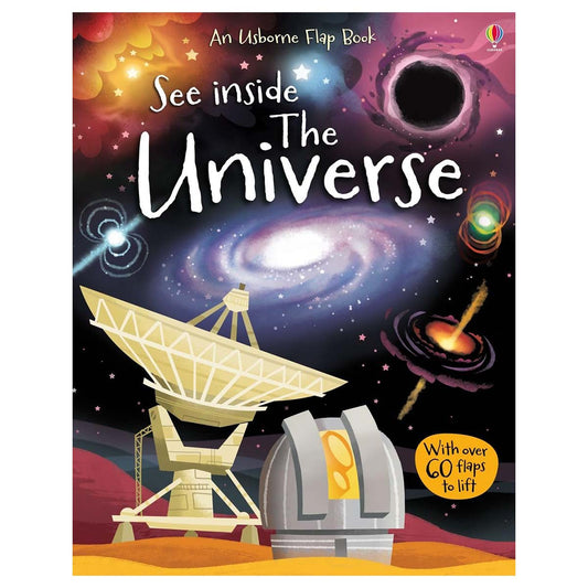 Book cover of 'See inside The Universe' with space-themed illustrations and a telescope.