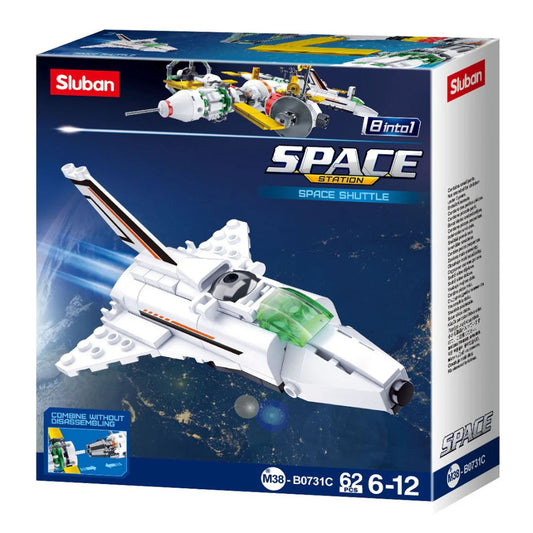 Sluban Space Shuttle building kit packaging with space-themed design