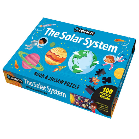 Box of 'The Solar System' book and jigsaw puzzle set by Fun Facts on a white background