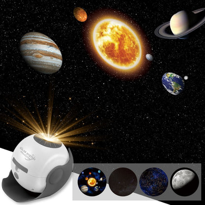 Solar system model with planets and sun, featuring a projector device on a dark space-themed background.