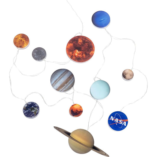 String of lights shaped like planets with NASA logo on a white background