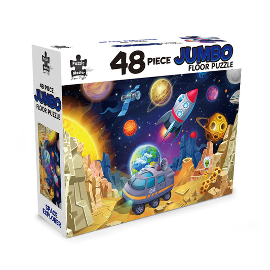 48-piece jumbo floor puzzle packaging with space-themed design