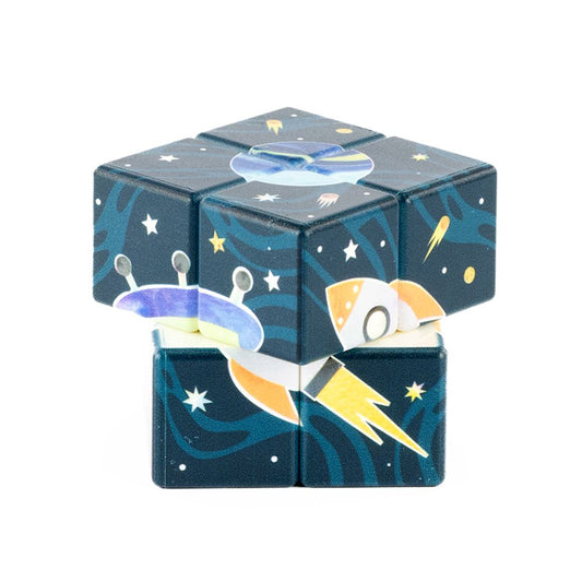 Space-themed puzzle cube with illustrations of rockets and stars on a white background