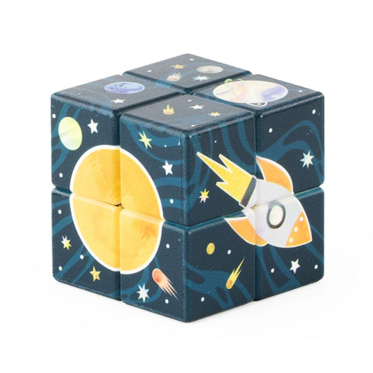 Space-themed puzzle cube with solar system illustrations on a white background