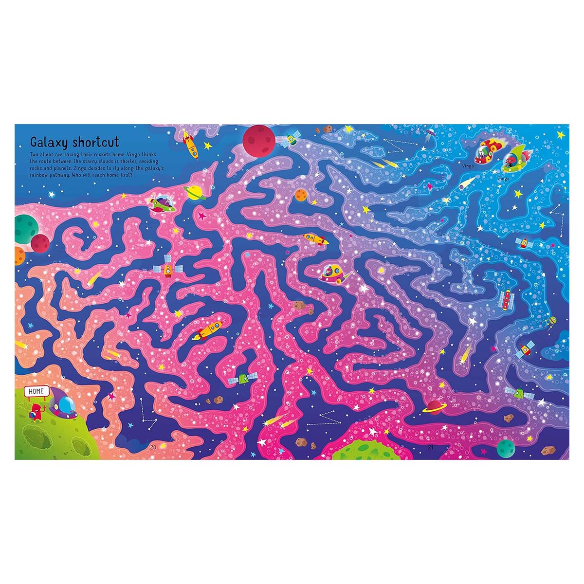 Colorful galaxy-themed maze with space-themed illustrations on a white background