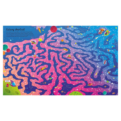 Colorful galaxy-themed maze with space-themed illustrations on a white background