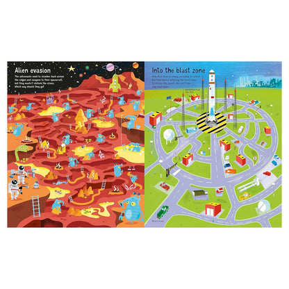 Two colorful illustrations of a children's book, one with an alien on a planet and the other with a cityscape and lighthouse.