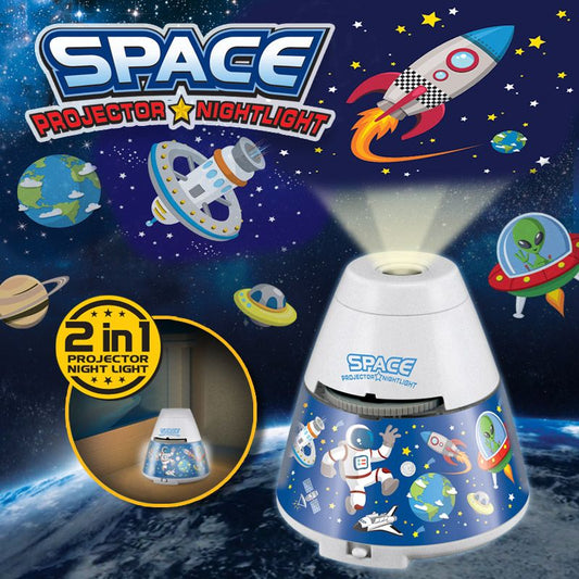 Space-themed projector nightlight with space-themed graphics and text on a dark blue space background.