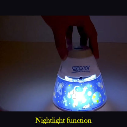 Hand holding a nightlight with 'SPACE' branding and glowing blue light.