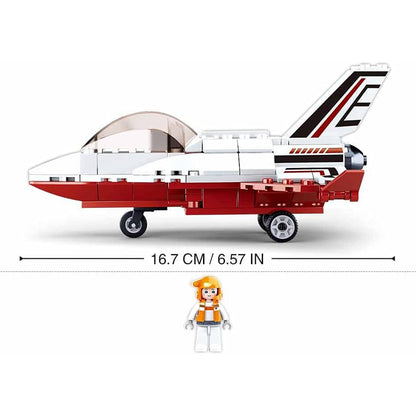Toy airplane model with dimensions and a small figure for scale on a white background