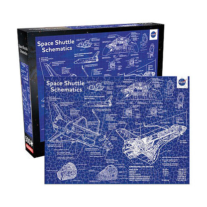 Space shuttle schematics puzzle with blue and white design on a white background