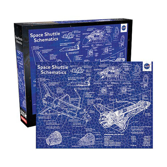 Space shuttle schematics puzzle with blue and white design on a white background