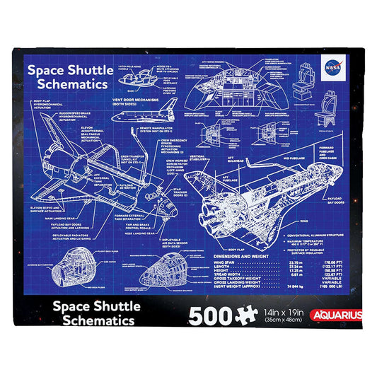 Space shuttle schematics puzzle packaging with NASA branding