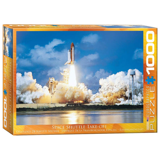 Jigsaw puzzle box featuring a space shuttle launch with 1000 pieces.