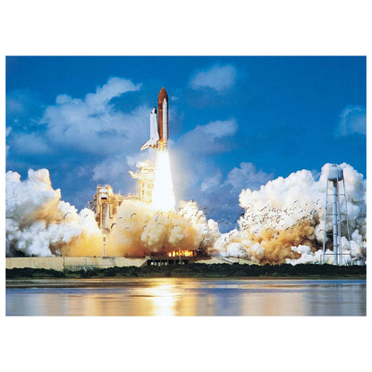 Space shuttle launch with smoke and fire at a launch pad.