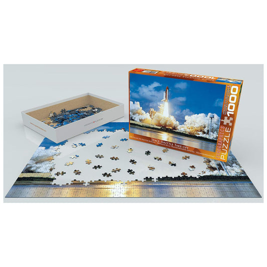 Jigsaw puzzle with a space shuttle launch scene and completed puzzle pieces on a white surface.