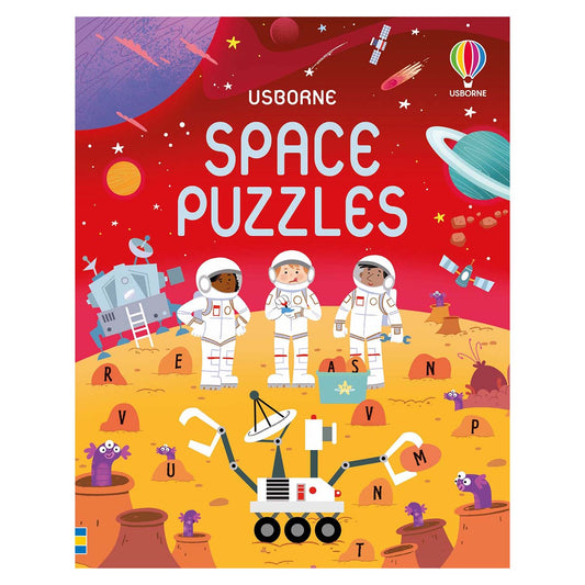 Book cover of 'Space Puzzles' by Usborne with astronauts and space-themed illustrations.