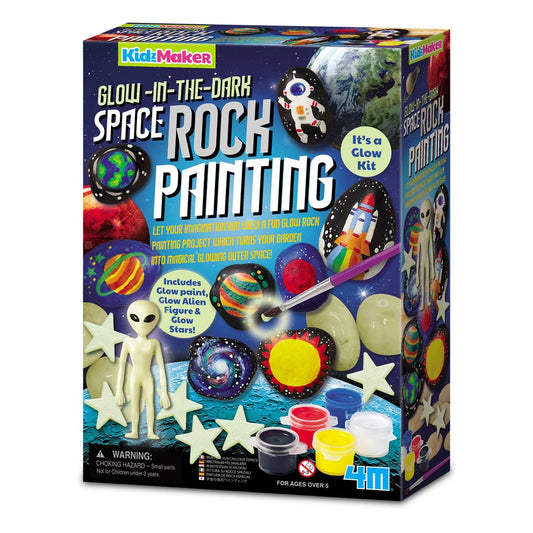 Box of Glow-in-the-Dark Space Rock Painting kit with space-themed graphics and text.