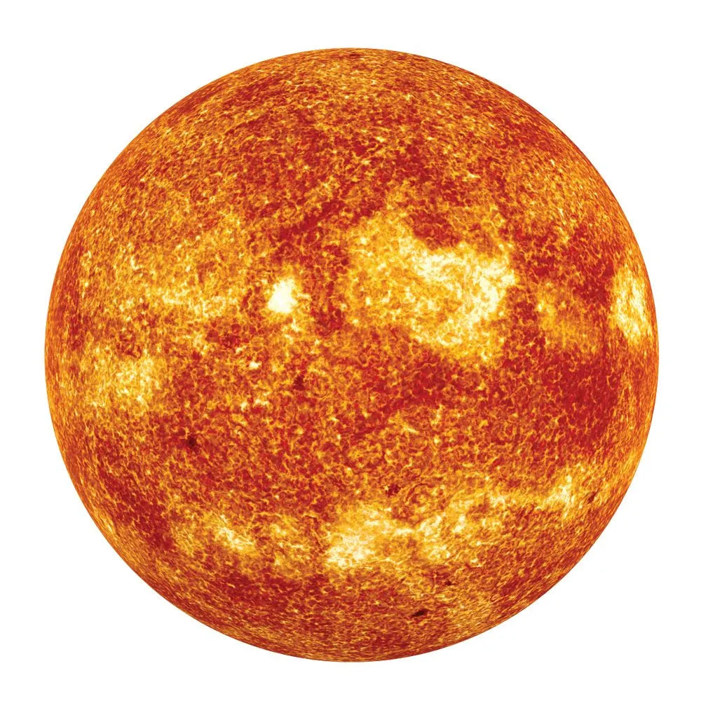 A spherical representation of the sun with a textured orange and yellow surface, isolated on a white background.