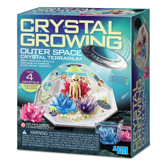 Box for a crystal growing kit themed as an outer space terrarium with colorful crystals and alien figure.