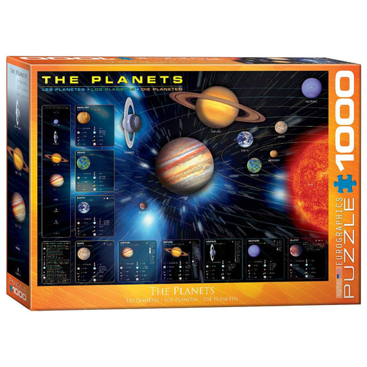 Puzzle box featuring illustrations of planets and the sun, with 'The Planets' text on an orange border.