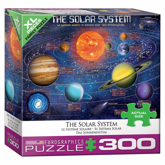 Puzzle box of the Solar System with colorful illustrations of planets on a white background