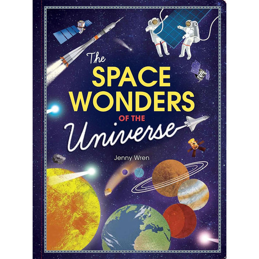 Book cover of 'The Space Wonders of the Universe' with space-themed illustrations.