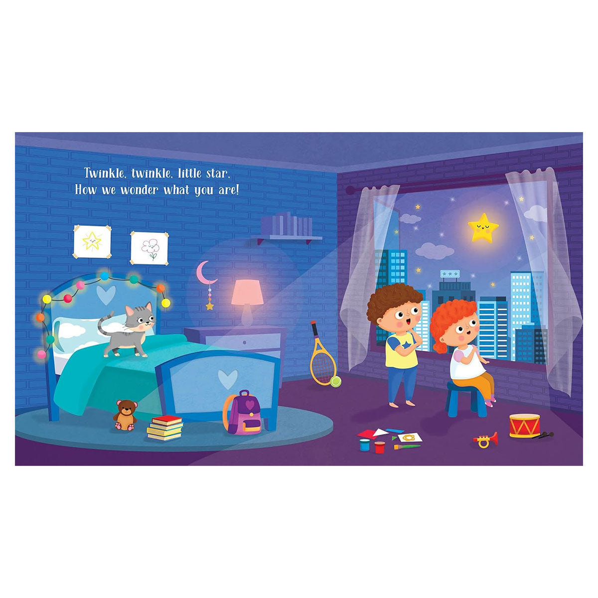 Illustration of a child's bedroom with children playing and a starry night sky.