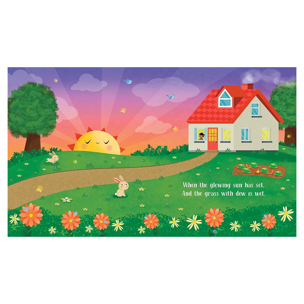 Children's illustration of a house, sun, and rabbit in a garden with a colorful sky.
